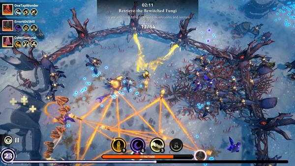Screenshot from The Spell Brigade: Players battle enemies amidst glowing fungi and magical barriers in a snowy landscape.