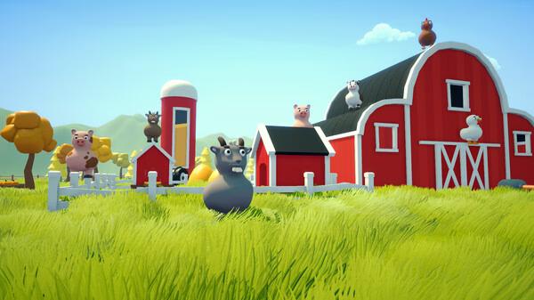 Screenshot from Climber Animals: Together showing various animals on a farm, with a goat in the foreground and barn in the background.