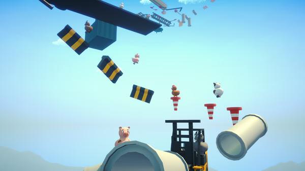 Screenshot from Climber Animals: Together shows various animals navigating floating obstacles in a bright, clear sky environment.