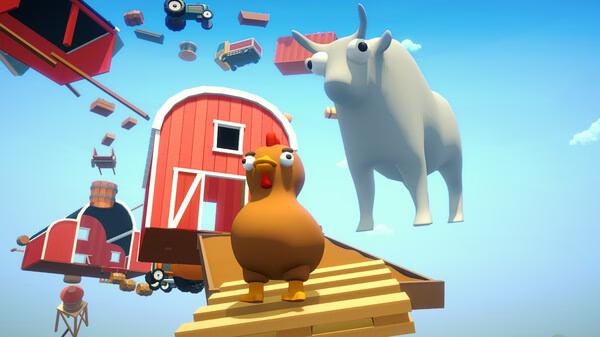 Screenshot from Climber Animals: Together showing a chicken and a cow standing on a wooden platform amid floating farm objects.