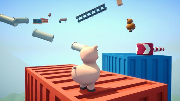 Screenshot from Climber Animals: Together showing animal characters navigating obstacles on colorful containers in the sky.