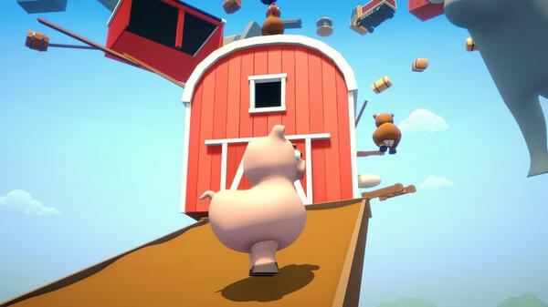 Screenshot from Climber Animals: Together. A pig climbs a ramp toward a red barn amidst floating objects in a bright sky.