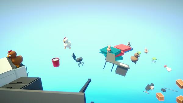 Screenshot from 'Climber Animals: Together' showing chickens navigating floating office furniture and boxes against a light blue sky.