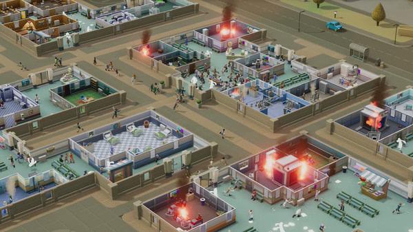 Screenshot from Two Point Hospital showing multiple hospital rooms on fire, with staff and patients in disarray, trying to escape.