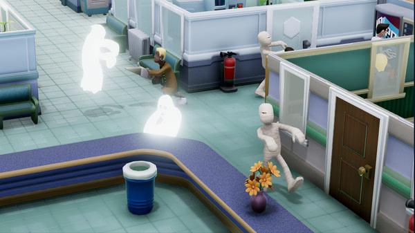 Two Point Hospital screenshot: A mummy walks through a hospital as a ghost floats nearby, surrounded by staff and patients.