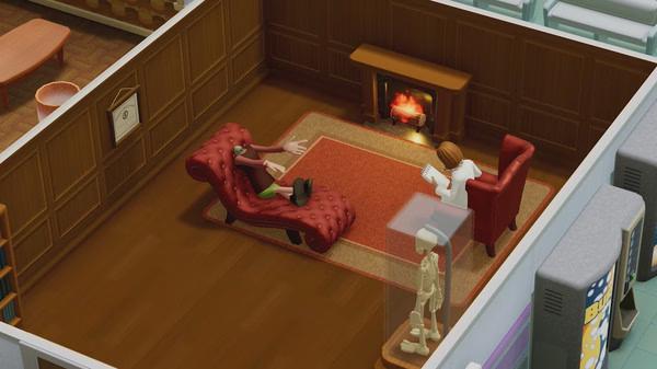Screenshot from Two Point Hospital showing a patient on a chaise lounge, talking to a therapist in a cozy room with a fireplace.