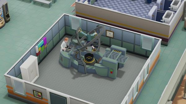 A Two Point Hospital screenshot shows a doctor operating advanced medical equipment in a lab surrounded by colorful walls.