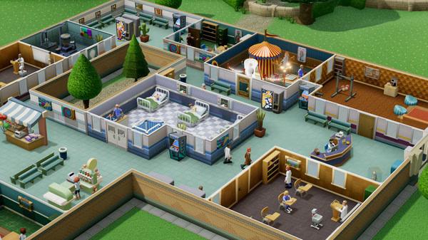 Screenshot of Two Point Hospital showing a bustling hospital interior with patients, staff, and various treatment rooms.