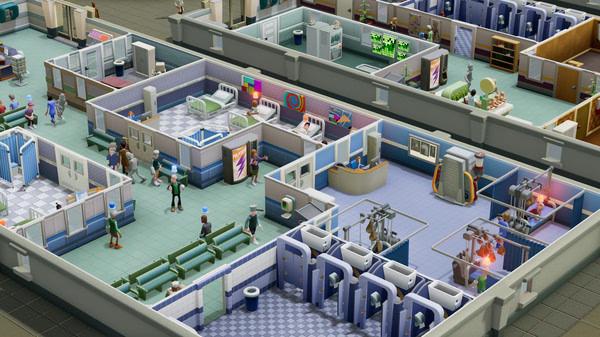 Screenshot from Two Point Hospital showing a bustling hospital with patients, staff, and medical equipment in various rooms.