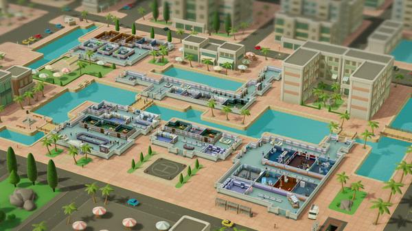 Screenshot of Two Point Hospital showing a tropical hospital layout with multiple buildings, pools, and palm trees.