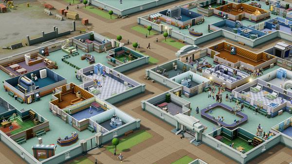 Two Point Hospital screenshot showing a busy hospital layout with patients, staff, treatment rooms, and waiting areas.