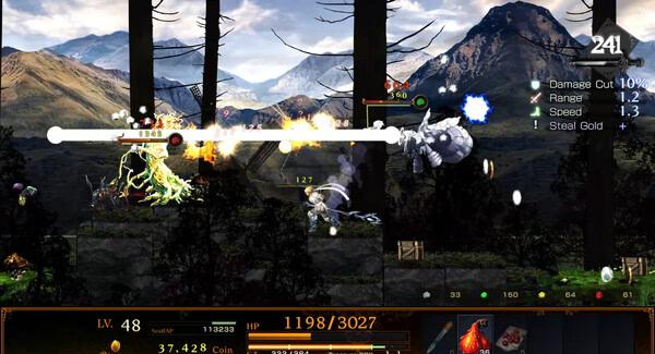 Astlibra Revision screenshot: A player battles enemies in a forested mountain area using fiery attacks and a glowing sword.
