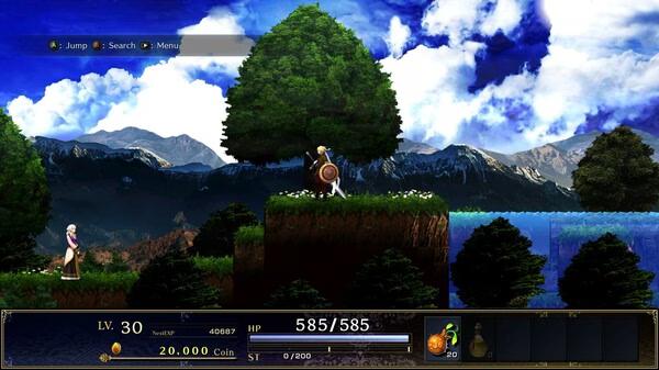 Astlibra Revision screenshot: A character with a shield stands on a grassy platform, facing a figure near trees and mountains.