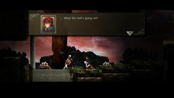Astlibra Revision screenshot: A dialogue box shows a character with red hair speaking. A knight stands in front of a castle.