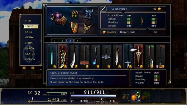 Astlibra Revision screenshot: Inventory screen displaying equipped items, weapons, stats, and a description of the Gram sword.