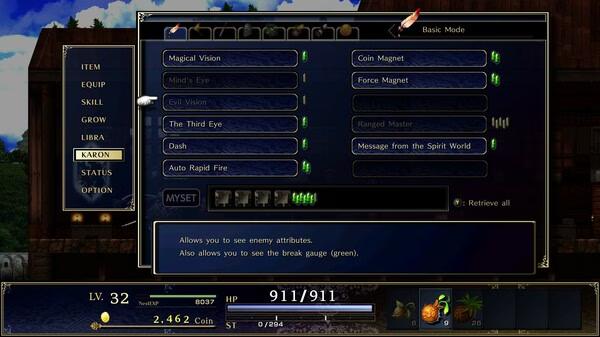 Screenshot from Astlibra Revision showing the skills menu with various skill options and player stats in the bottom panel.