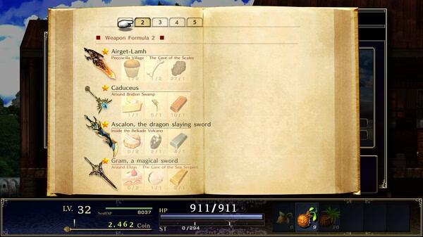Screenshot from Astlibra Revision showing the weapon formula page with various magical swords, including Airget-Lamh and Caduceus.