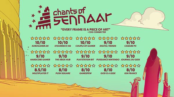 Screenshot of 'Chants of Sennaar' showing two characters in robes near a tall building with reviewer scores listed above.