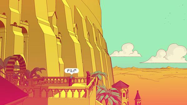 Screenshot from Chants of Sennaar showing a character on a balcony overlooking a desert landscape with a large structure.