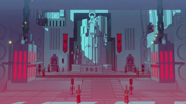 Screenshot from Chants of Sennaar showing a grand hall with a towering statue, red banners, and geometric architecture.