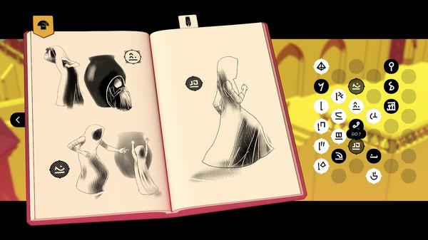 Screenshot from Chants of Sennaar: A book displays sketches of hooded figures, surrounded by various symbols and icons.