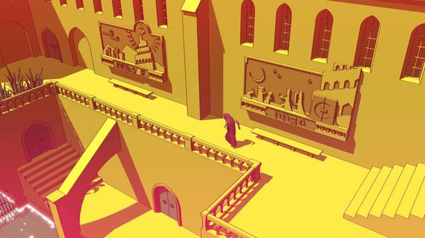 Screenshot from Chants of Sennaar: A cloaked figure walks along a yellow building with intricate wall carvings and arches.
