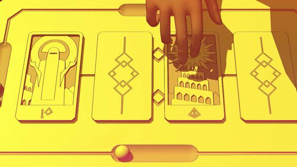 Screenshot from Chants of Sennaar showing a hand interacting with four intricate, symbol-covered cards on a golden surface.