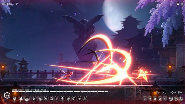 BlazBlue Entropy Effect screenshot: A character performs a dynamic attack move with glowing effects against a night sky backdrop.