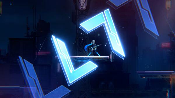 Screenshot from BlazBlue Entropy Effect showing a character with a sword on a futuristic platform, surrounded by glowing blue shapes.