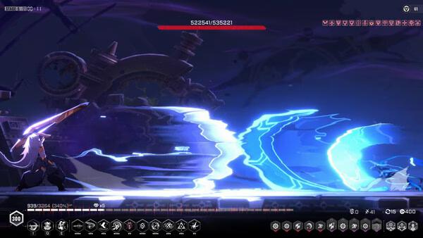 Screenshot of BlazBlue Entropy Effect showing two characters in combat, with swirling energy attacks in a futuristic setting.