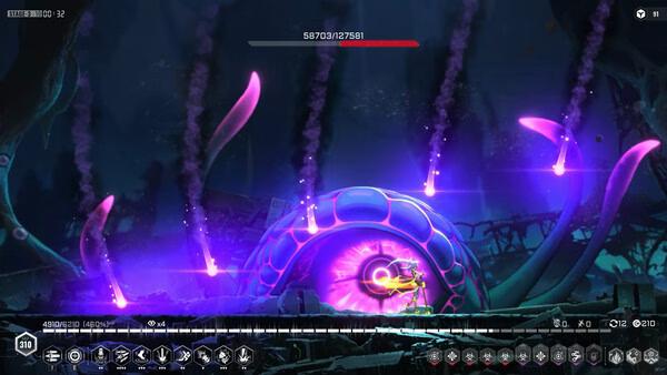 Screenshot of BlazBlue Entropy Effect showing a player battling a glowing, tentacled creature in a dark environment.