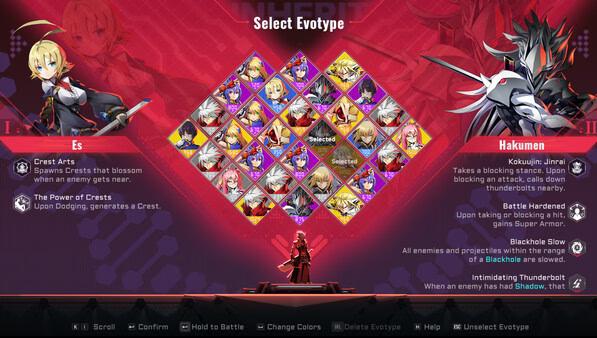 Screenshot from BlazBlue Entropy Effect showing the character selection screen with Es and Hakumen highlighted.