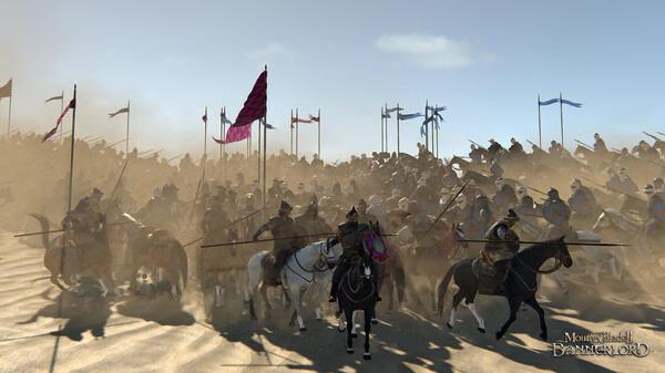 A Mount & Blade II: Bannerlord screenshot showing a massive cavalry charge on a dusty battlefield, with flags and armed soldiers.