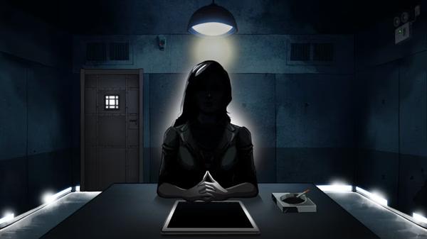 Screenshot from Unheard - Voices of Crime showing a dimly lit interrogation room with a person seated at a table.