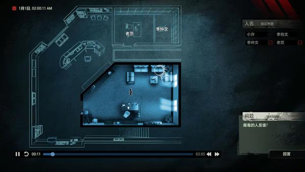 Screenshot from Unheard - Voices of Crime: a top-down view of a room layout with labeled areas and a timeline interface.