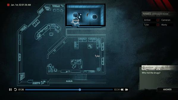 Screenshot from 'Unheard - Voices of Crime': A top-down view of a room layout with names Amber, Tyler, and Marty.