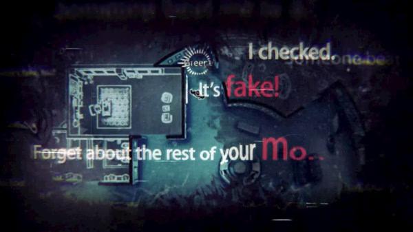 Screenshot from Unheard - Voices of Crime showing dialogue bubbles over a room layout, with highlighted words "fake" and "checked".