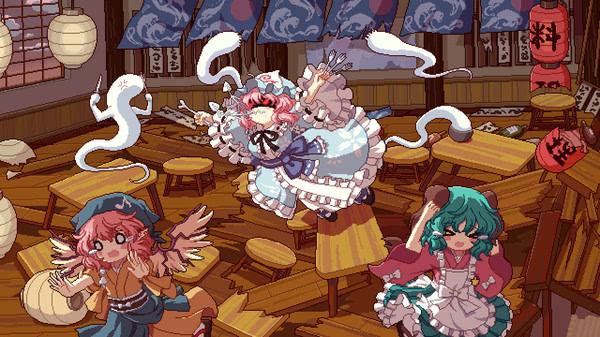 Screenshot of Touhou Mystia's Izakaya showing animated characters in a vibrant, traditional Japanese tavern setting.