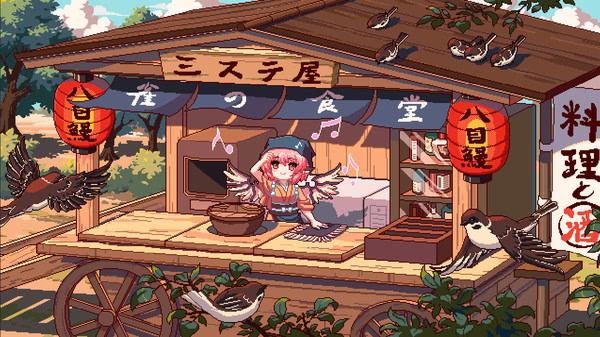 Screenshot from Touhou Mystia's Izakaya showing Mystia Lorelei at her outdoor food stall surrounded by small birds.