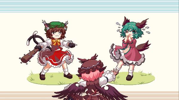 Screenshot from Touhou Mystia's Izakaya showing three winged characters interacting in a grassy area with expressive reactions.
