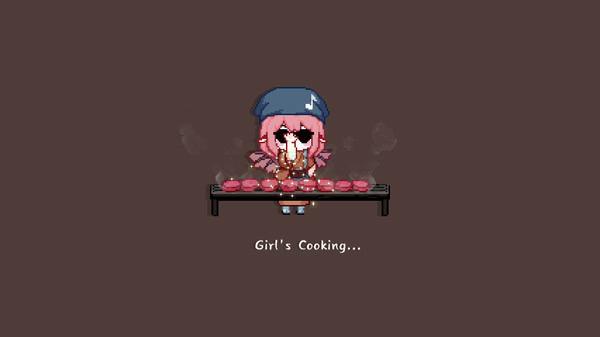 Touhou Mystia's Izakaya screenshot: Mystia cooking skewers on a grill, surrounded by steam, with text "Girl's Cooking..." displayed.