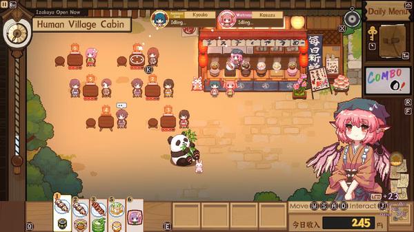 Screenshot of Touhou Mystia's Izakaya showing Mystia serving customers at an outdoor izakaya in the Human Village Cabin.
