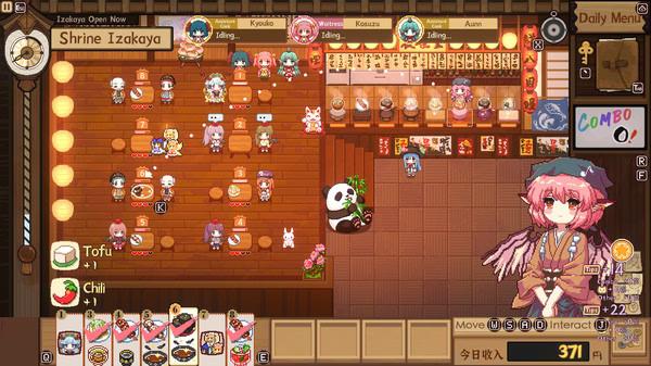 Screenshot from Touhou Mystia's Izakaya: Mystia managing a busy izakaya with customers and dish selections visible.