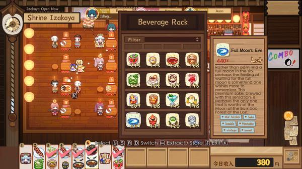 Screenshot of Touhou Mystia's Izakaya showing the beverage rack menu and Mystia serving customers in a cozy izakaya setting.