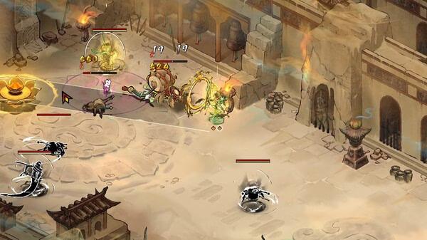 Screenshot from Realm of Ink: Players engage in a battle against mystical creatures in an ancient, desert-like temple setting.