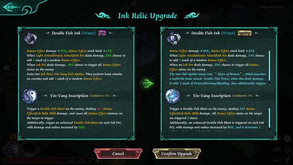 Screenshot from Realm of Ink showing an Ink Relic Upgrade menu with options for Double Fish Ink and Yin-Yang Inscription.