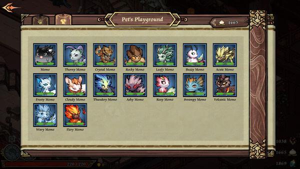 Screenshot from Realm of Ink showing the Pet's Playground menu with various Momo characters displayed in colorful boxes.