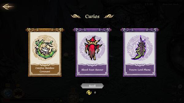 Screenshot from Realm of Ink showing three Curios cards: Campfire Bamboo Covenant, Blood Feast Banner, Venom Lord Plume.