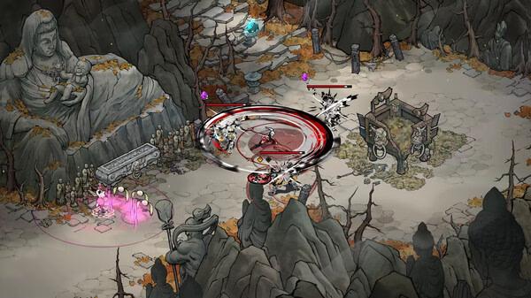 Screenshot from Realm of Ink showing a character in combat within a mystical stone courtyard surrounded by statues.