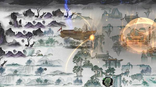 Screenshot from Tale of Immortal showing a mystical landscape with mountains, trees, and a glowing structure.